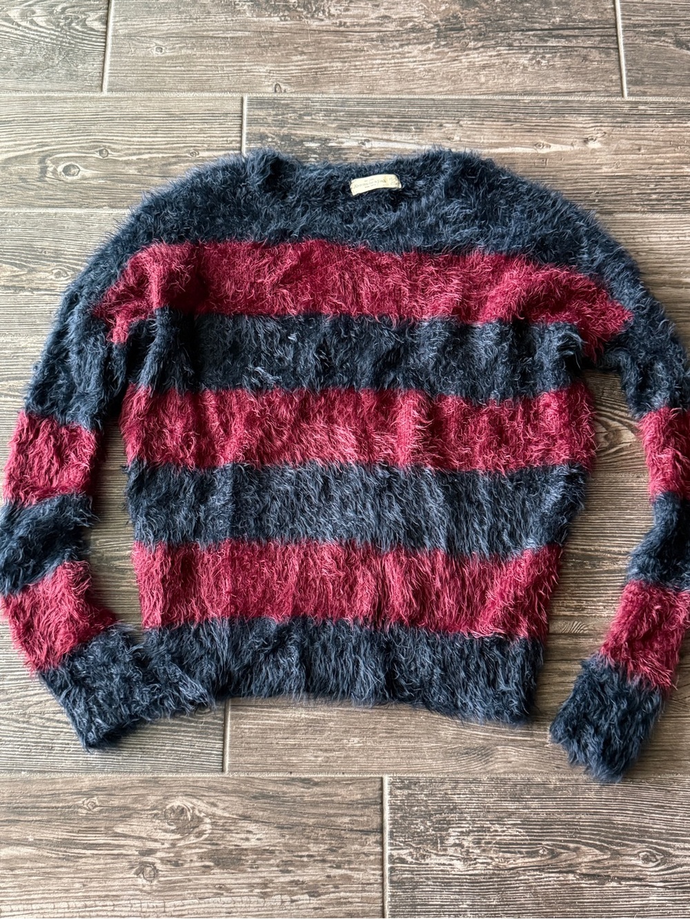 Abercrombie & Fitch Fuzzy Striped Crewneck Sweater in Wine and Black